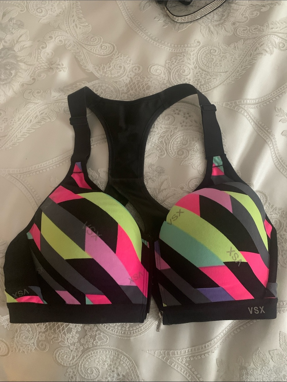 VSX Black Sports Bra with Neon Pink, Lime & Aqua Stripes